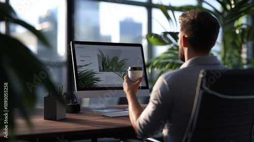 A man holds a coffee cup while seated at a desk in a contemporary office, his surroundings filled with minimalist decor and natural light, creating a serene break setting.