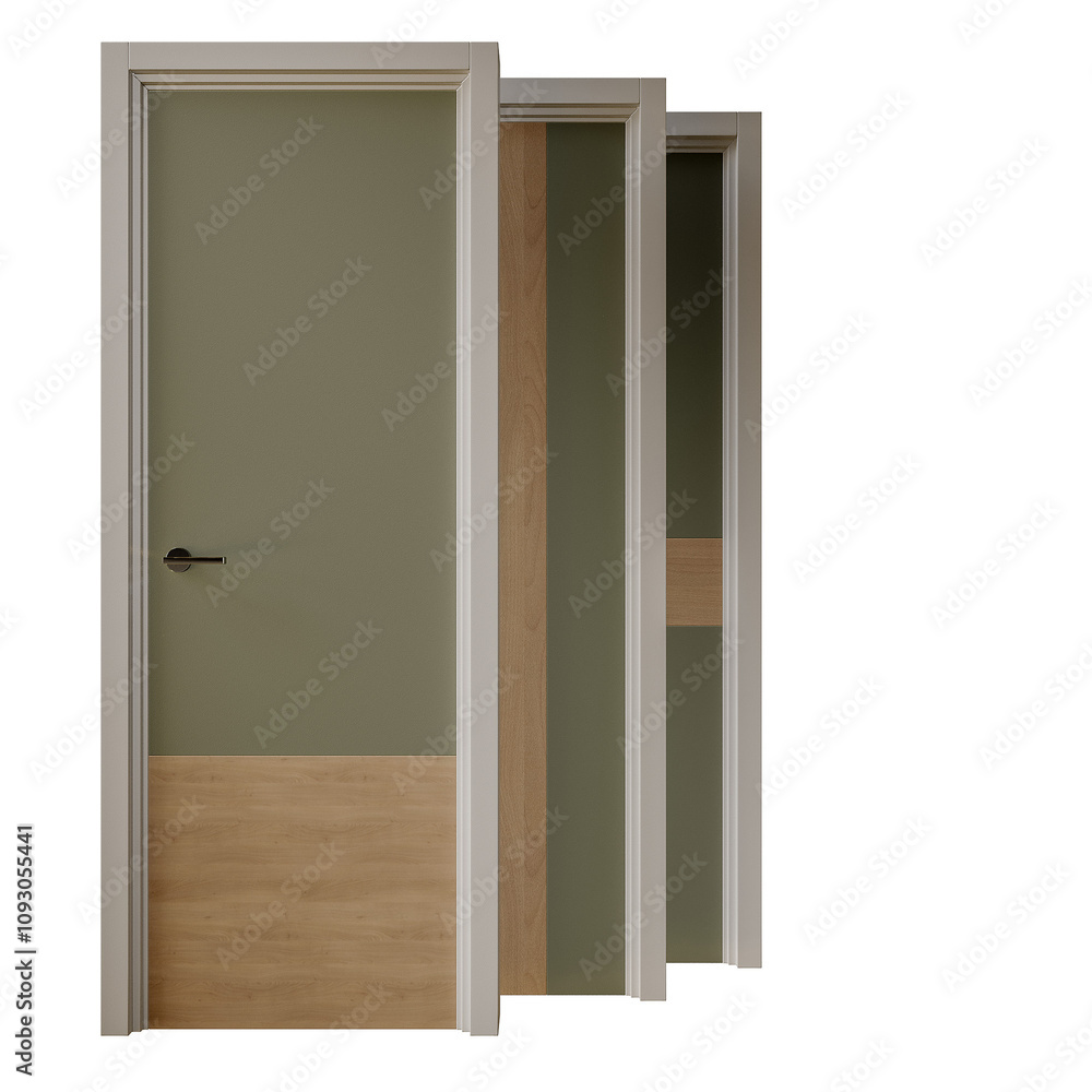 Three doors with a wooden frame and a green color Three doors with a wooden frame and a green color
