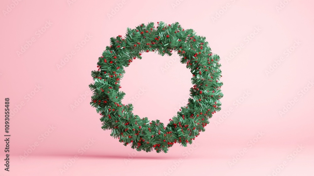 Festive green christmas wreath holiday decor studio setting vibrant pink background seasonal celebration concept