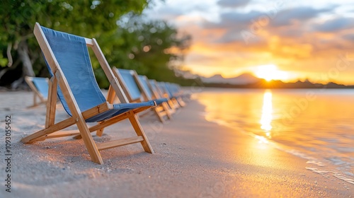As the sun dips below the horizon, casting a warm glow over the empty chairs lined up on the sandy beach, a sense of peace and tranquility envelops the scene, inviting you to sit, unwind