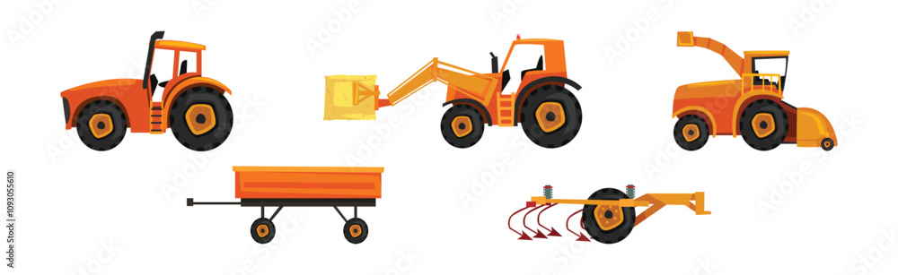 Obraz premium Agricultural Machinery and Vehicles for Soil Cultivation Vector Set