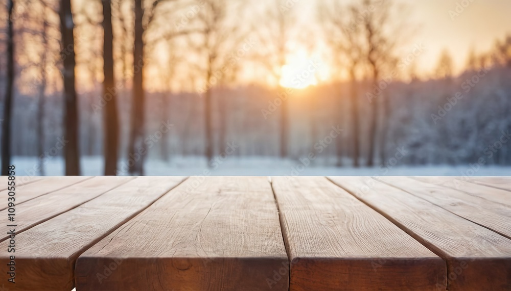 Empty wooden table with winter background template mock up for display of product 258 Empty wooden table with winter background template mock up for display of product 258