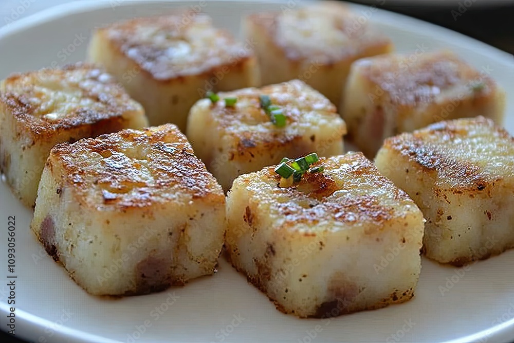 Turnip cake is a savory delight made from grated radish and rice flour, studded with dried shrimp and Chinese sausage, pan-fried to a crispy golden exterior with a soft, tender inside Turnip cake is a savory delight made from grated radish and rice flour, studded with dried shrimp and Chinese sausage, pan-fried to a crispy golden exterior with a soft, tender inside