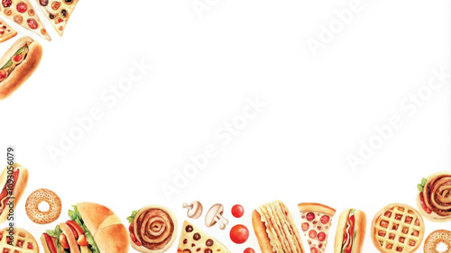 Frame made of hot dogs and sandwiches on white background, top view