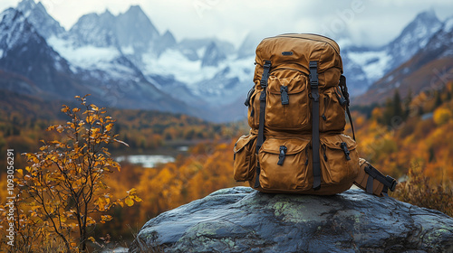 Backpack on a rock in a mountainous landscape.