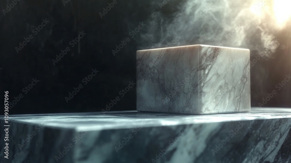 A sleek, polished marble cube with subtle veining sits on a larger marble platform, bathed in a dramatic, soft beam of light from above. The scene has a dark, atmospheric background with gentle smoke A sleek, polished marble cube with subtle veining sits on a larger marble platform, bathed in a dramatic, soft beam of light from above. The scene has a dark, atmospheric background with gentle smoke