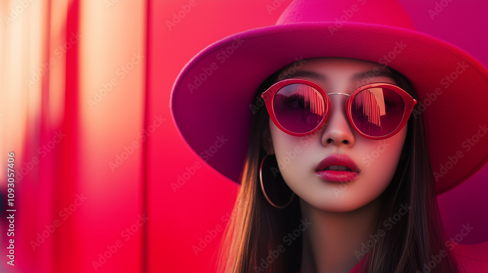 Obraz premium Fashionable Asian model in bold pink sunglasses and a matching hat, posing against a vibrant backdrop, exuding chic and trendy vibes.