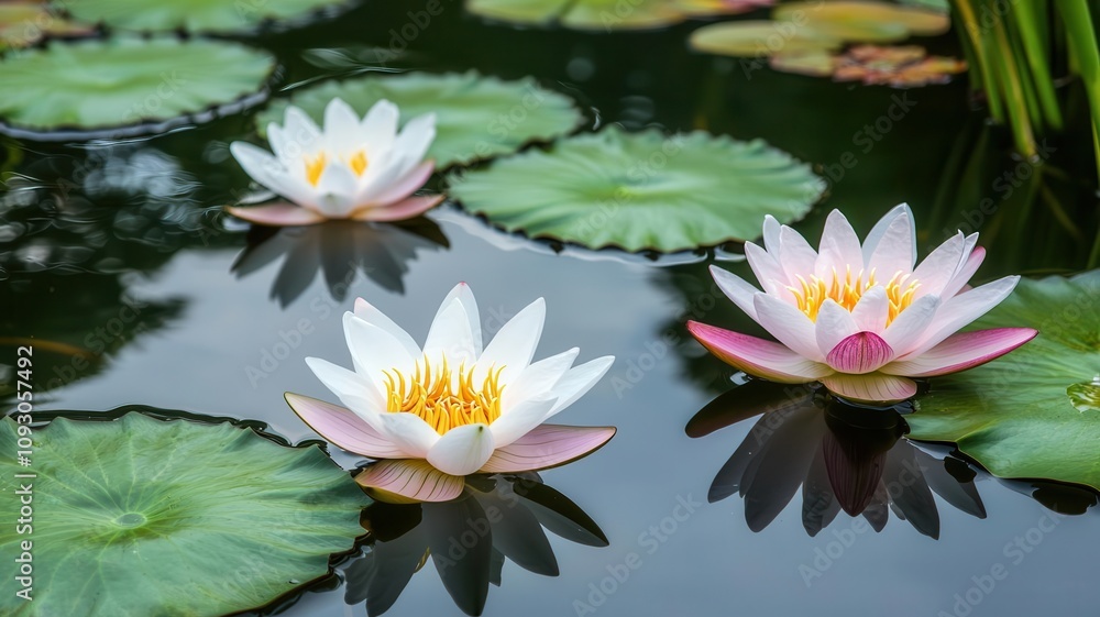 Beautiful water lilies bloom gracefully on tranquil water, surrounded by lush green leaves, creating a serene and picturesque aquatic scene. Beautiful water lilies bloom gracefully on tranquil water, surrounded by lush green leaves, creating a serene and picturesque aquatic scene.