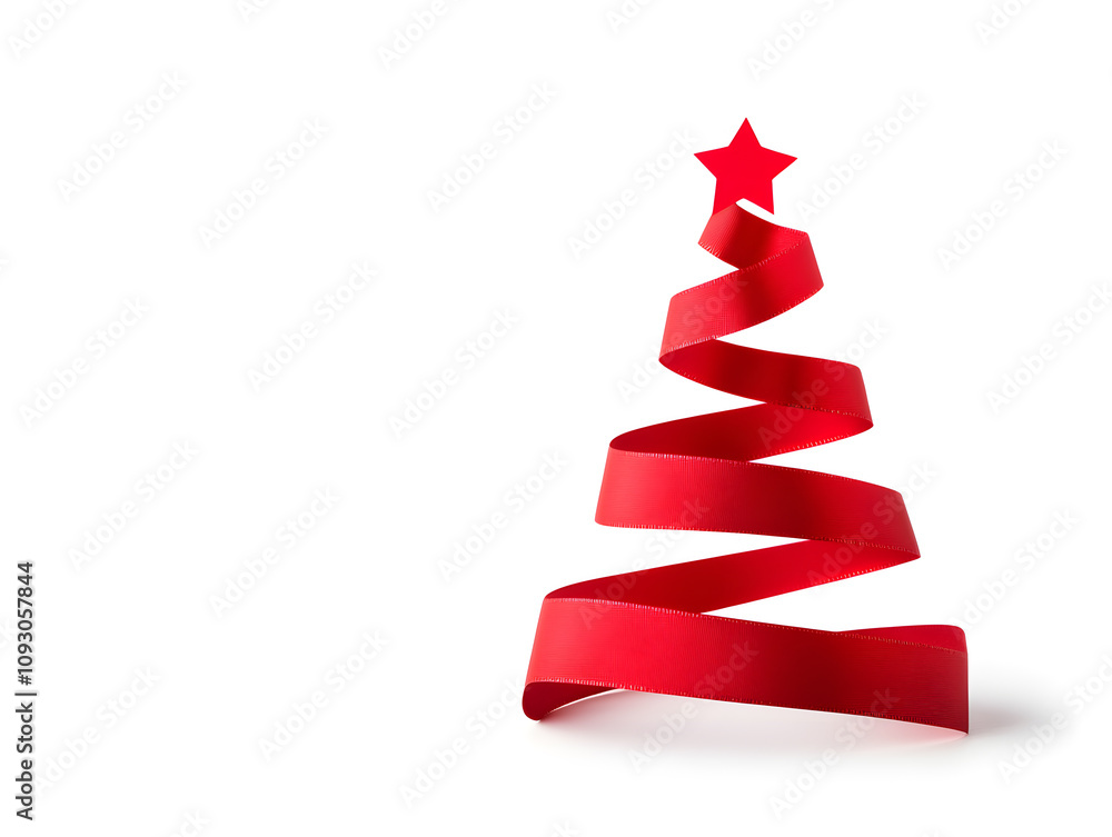 Christmas tree made of red ribbon, isolated on white background Christmas tree made of red ribbon, isolated on white background
