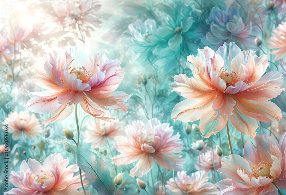 Delicate pastel colored background with fairytale flowers Delicate pastel colored background with fairytale flowers
