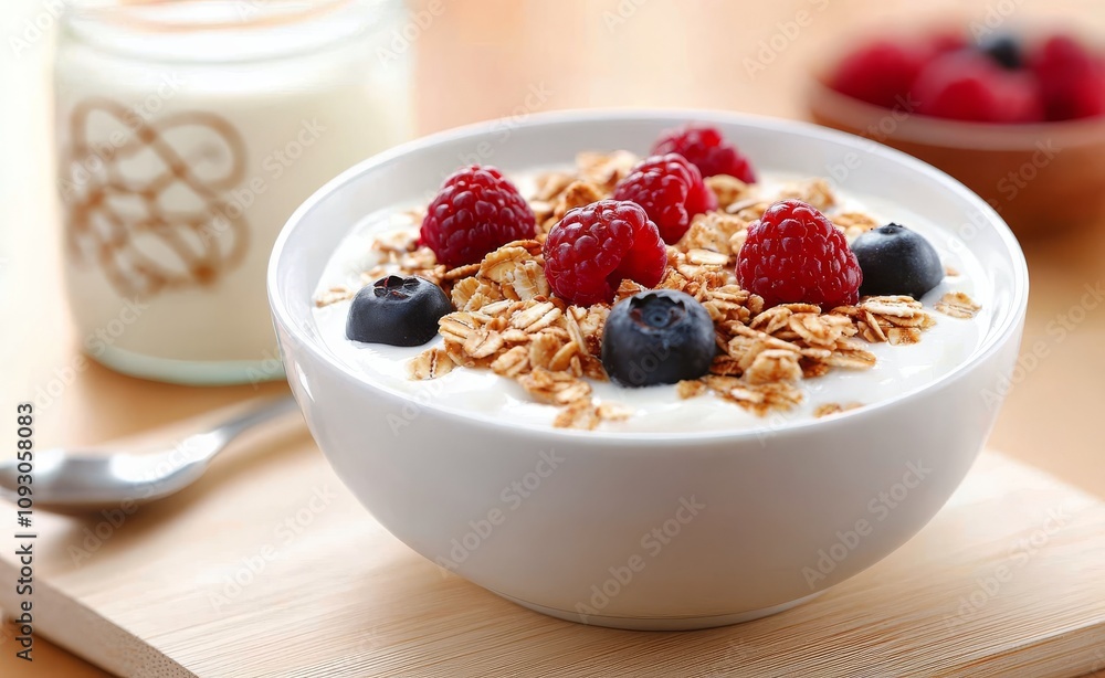 Delicious yogurt bowl topped with fresh berries and granola for a healthy breakfast option Delicious yogurt bowl topped with fresh berries and granola for a healthy breakfast option