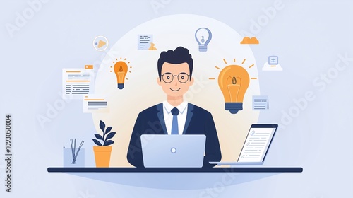 Bright and Creative Workspace Scene Featuring a Young Professional with Laptop Surrounded by Light Bulbs and Office Elements for Inspirational Visuals