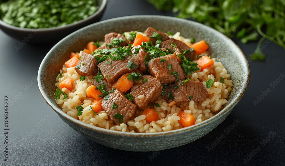 tasty and healthy bowl with rice and beef or pork and carrots, lose weight nutrition tasty and healthy bowl with rice and beef or pork and carrots, lose weight nutrition
