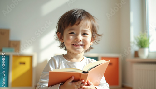 Smiling toddler holding a book indoors, radiating joy and enthusiasm for learning for International Education Day celebration