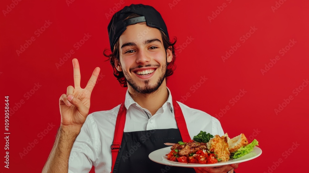 Young chef presenting a delicious dish on a plate against a vibrant red background, showcasing culinary skills and a joyful personality with a peace sign gesture Young chef presenting a delicious dish on a plate against a vibrant red background, showcasing culinary skills and a joyful personality with a peace sign gesture