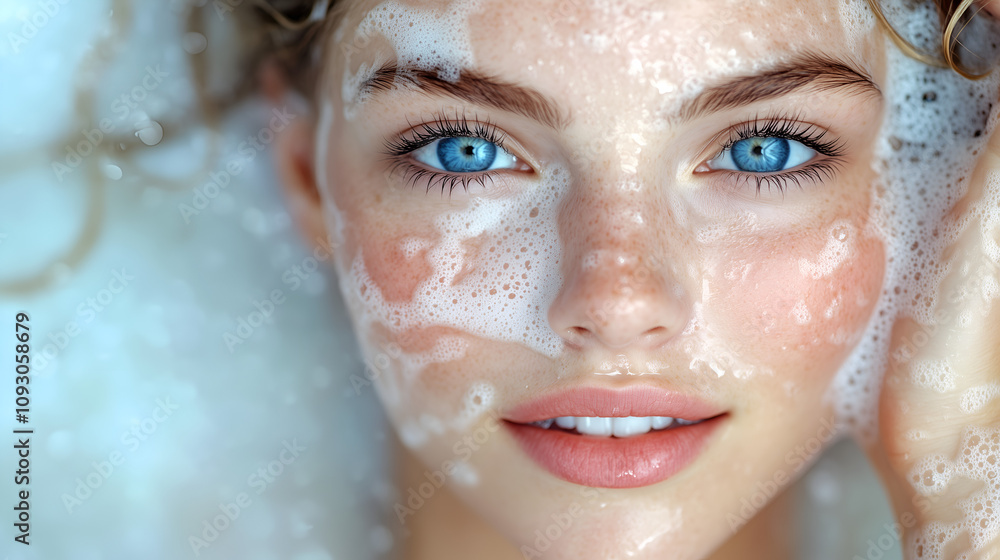 close-up of an influencer washing her face with soap. Her skin is wet and glowing. She has blue eyes and looks happy and relaxed. close-up of an influencer washing her face with soap. Her skin is wet and glowing. She has blue eyes and looks happy and relaxed.