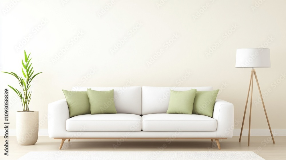 Stylish white sofa with green cushions and plants. Stylish white sofa with green cushions and plants.