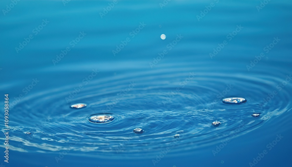 A water droplet is falling into the calm surface of clean clear blue water 64748 A water droplet is falling into the calm surface of clean clear blue water 64748