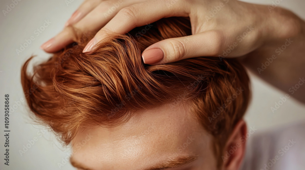 Naklejka premium Styling red hair with hands to achieve a trendy look in a well-lit indoor setting during the day