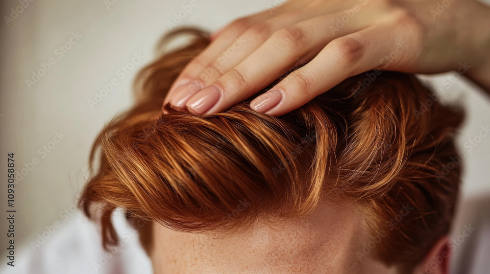 Naklejka premium Styling red hair with hands to achieve a trendy look in a well-lit indoor setting during the day
