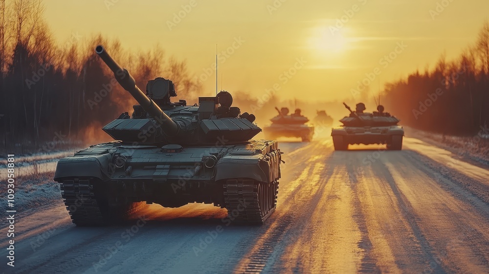 Fototapeta premium Military Tanks Sunset Snow Road Winter Warfare Army Powerful