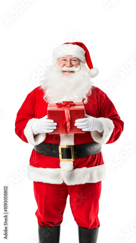 Portrait of Happy Santa Claus holding gift isolated on white background