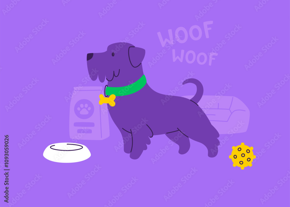 Illustration with dog and grooming supplies. Vector banner with miniature schnauzer and accessories. Illustration with dog and grooming supplies. Vector banner with miniature schnauzer and accessories.