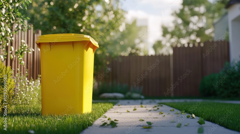 Naklejka premium Yellow bin on pathway with sunlight and green yard