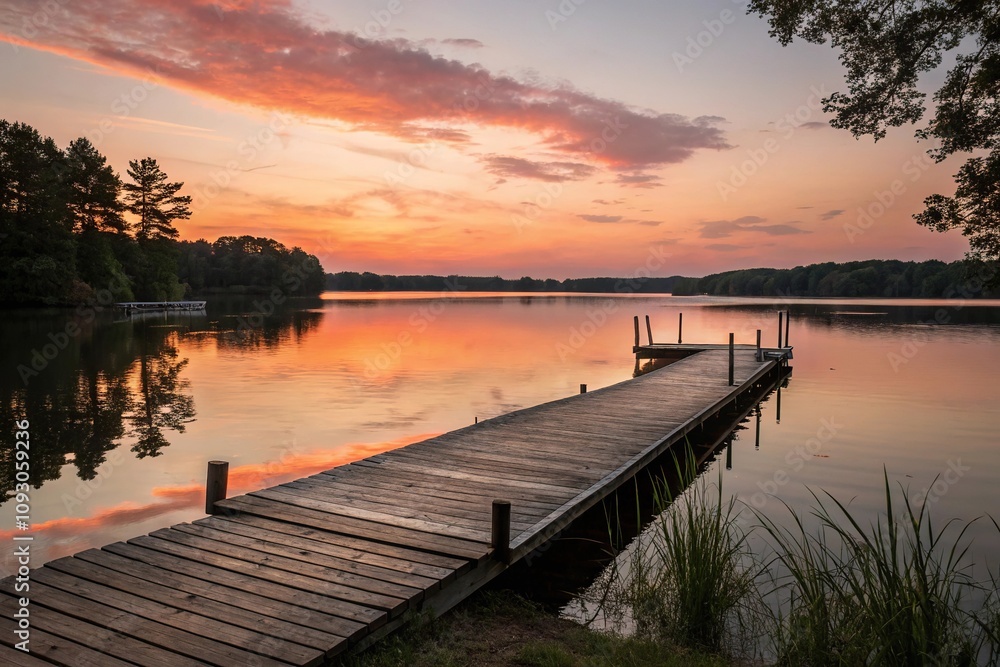 A serene lake scene with a wooden dock at sunset, serene lake, tranquility, peaceful, natural beauty, wooden dock A serene lake scene with a wooden dock at sunset, serene lake, tranquility, peaceful, natural beauty, wooden dock