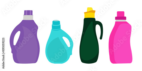 The bottles of detergent, washing powder, detergent powder, bottle of spray, a means for washing dishes. A simple illustration in the flat style, isolated on white background