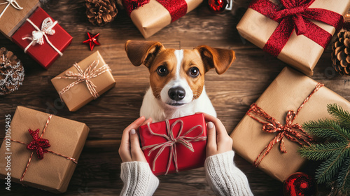 Woman's hands stacking gifts near dog at home, top view. photo