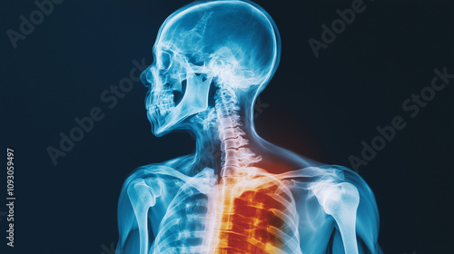 Side-view X-ray of the human shoulder blade on a blue background, with red and yellow highlights on the boneâs structure, focusing on the joint region.