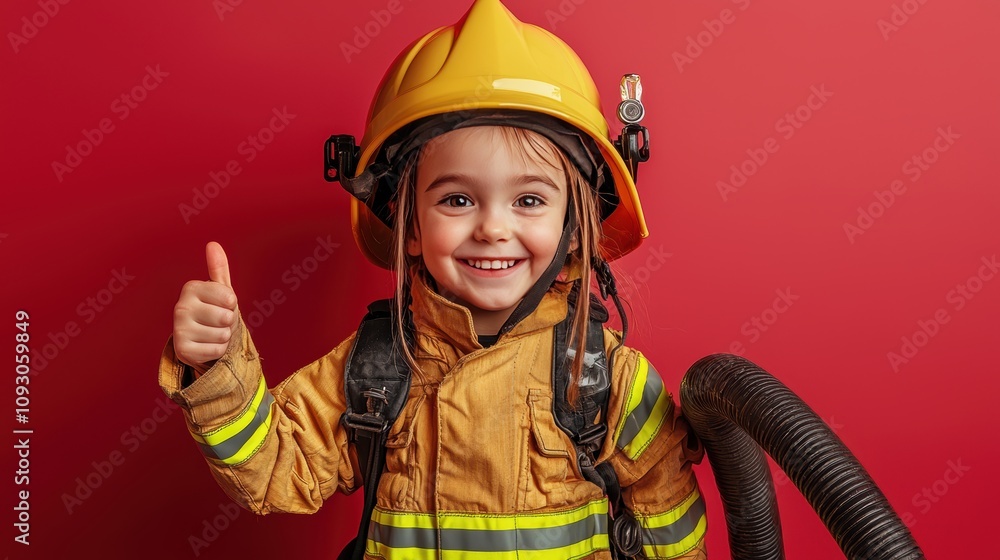 Happy Child in a Firefighter Costume with Yellow Helmet and Smiling Expression on a Vibrant Red Background, Ready to Save the Day with Enthusiasm and Courage Happy Child in a Firefighter Costume with Yellow Helmet and Smiling Expression on a Vibrant Red Background, Ready to Save the Day with Enthusiasm and Courage