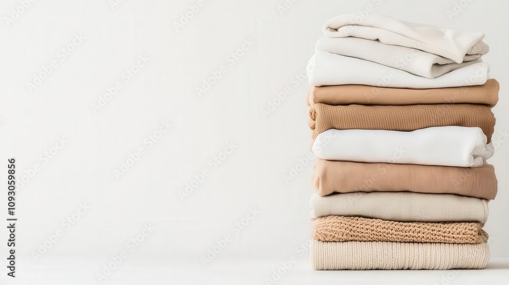 Pile of laundry ready for folding, soft early morning light, neat and orderly space