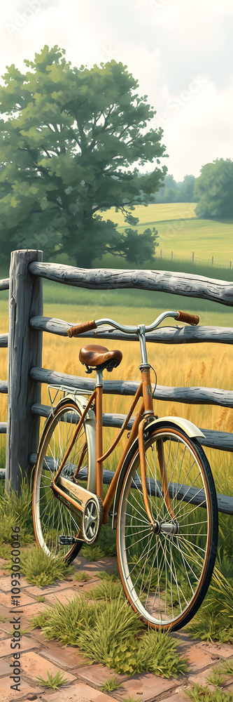 Obraz premium A vintage bicycle leaning against a rustic fence in a countryside setting illustration. generative AI