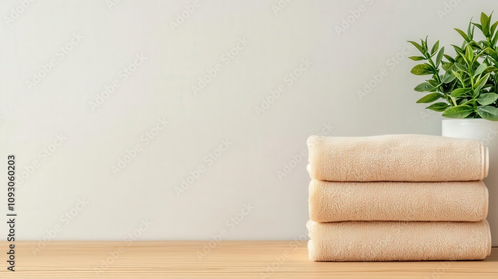 Stack of neatly folded towels, bright and airy morning kitchen, domestic bliss Stack of neatly folded towels, bright and airy morning kitchen, domestic bliss