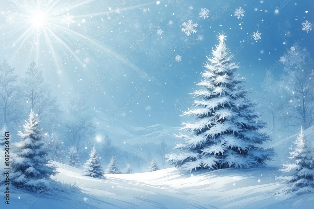Christmas Background Featuring a Snowy Scene with a Christmas Tree and Sparkling Snowflakes Christmas Background Featuring a Snowy Scene with a Christmas Tree and Sparkling Snowflakes