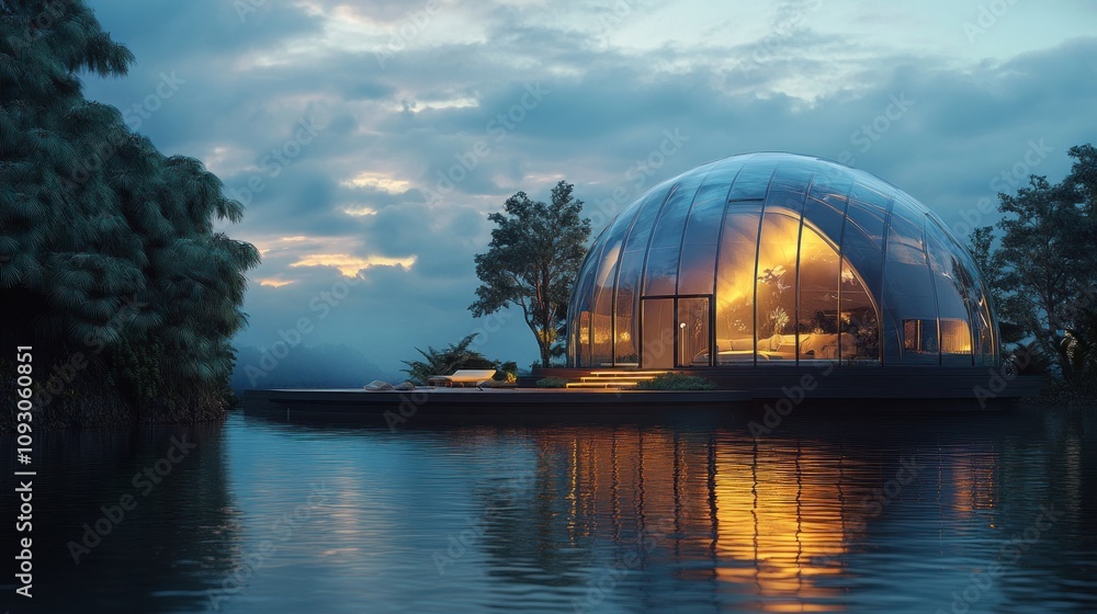 Obraz premium A futuristic glass dome house glowing on a tablet screen, ultra-modern and eco-friendly 