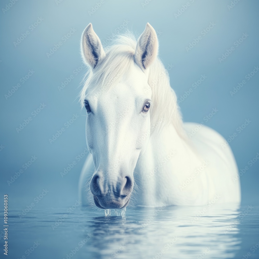 Majestic white horse in calm water, serene portrait. Majestic white horse in calm water, serene portrait.