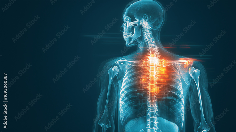 X-ray of a human shoulder and upper chest area on a blue background, with red and yellow highlights on the shoulder joint, collarbone, and surrounding bones. X-ray of a human shoulder and upper chest area on a blue background, with red and yellow highlights on the shoulder joint, collarbone, and surrounding bones.