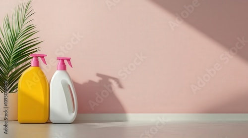 Sunlight reflecting off of laundry detergent bottles in a modern laundry room