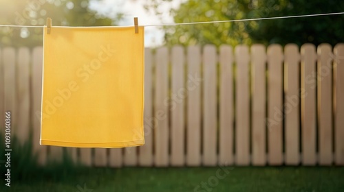 Sunlit clothesline in a quiet backyard, early morning, peaceful domestic scene