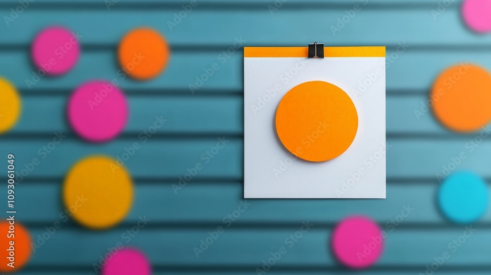 White square paper with orange circle, pinned on teal wood background with colorful circles. White square paper with orange circle, pinned on teal wood background with colorful circles.