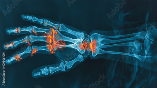 X-ray of a human finger and knuckle joints, with red and yellow highlights emphasizing the fine structure of finger bones against a blue background. photo