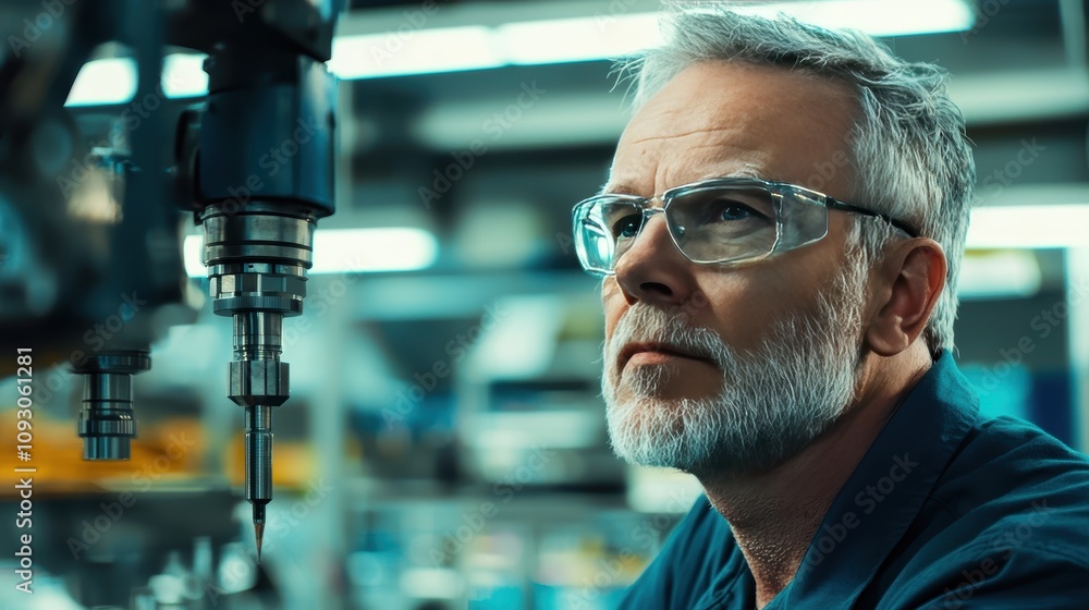 Focused Male Engineer Working with Precision Tooling in Modern Workshop Setting, Concentrating on Machine Operation and Innovative Technology Advancement Focused Male Engineer Working with Precision Tooling in Modern Workshop Setting, Concentrating on Machine Operation and Innovative Technology Advancement