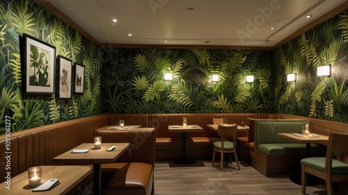 Luxurious restaurant booth with tropical wallpaper, wooden tables, and warm lighting.