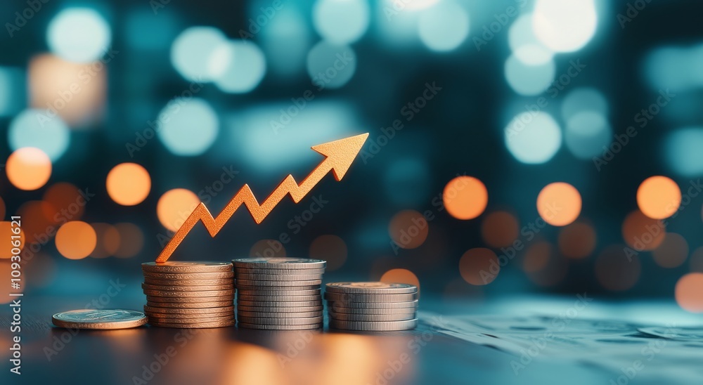 Growth in investment represented by rising coins against a blurred background with warm lights Growth in investment represented by rising coins against a blurred background with warm lights