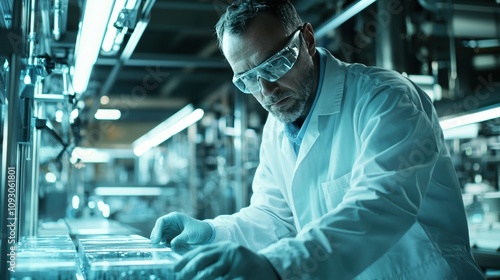 Male Scientist in Laboratory Focusing on Experiment with Glass Containers and Modern Equipment Under Bright Blue Lights