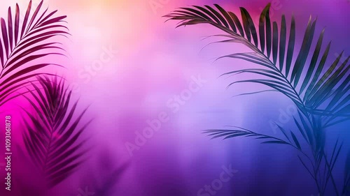 Vibrant tropical palm leaves on purple pink background