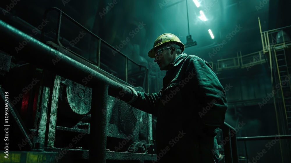 Industrial Worker in Dimly Lit Factory, Wearing Safety Gear, Bending Over Machinery, With Greenish Light and Smoky Atmosphere, Focused on His Task Industrial Worker in Dimly Lit Factory, Wearing Safety Gear, Bending Over Machinery, With Greenish Light and Smoky Atmosphere, Focused on His Task
